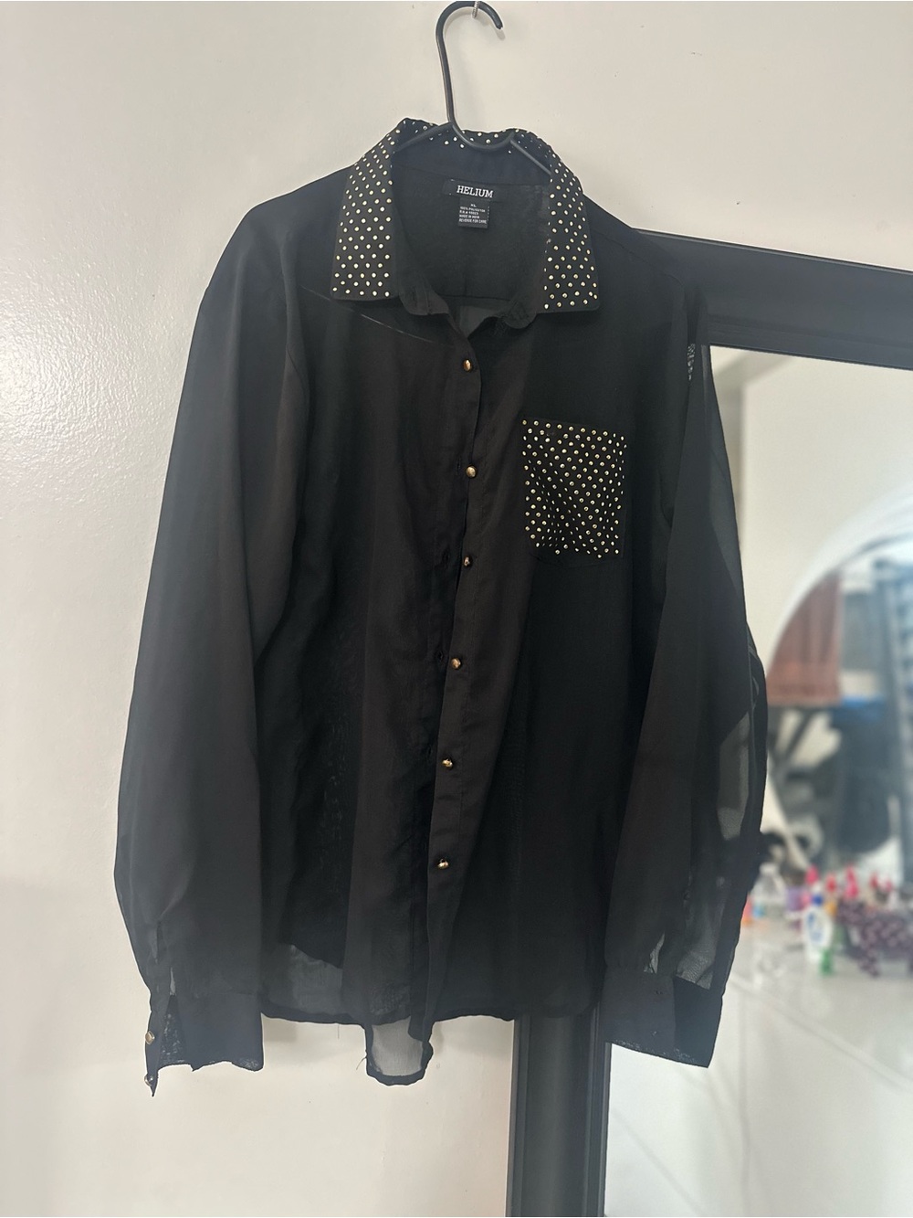 Men's Black Sheer Button-Down Shirt with Polka Dot Trim